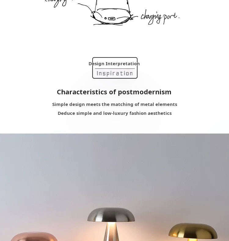 Danish Mushroom Table Lamp  Rechargeable LED, Touch Dimmer