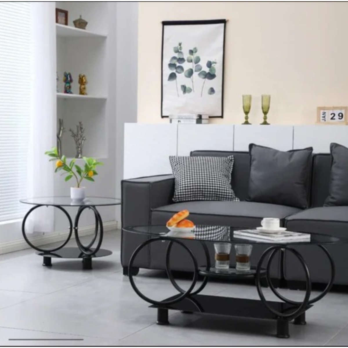 Aesthetic Round Shaped Glass Top Coffee Table with Unique Metal Frame CT-11 BLACK