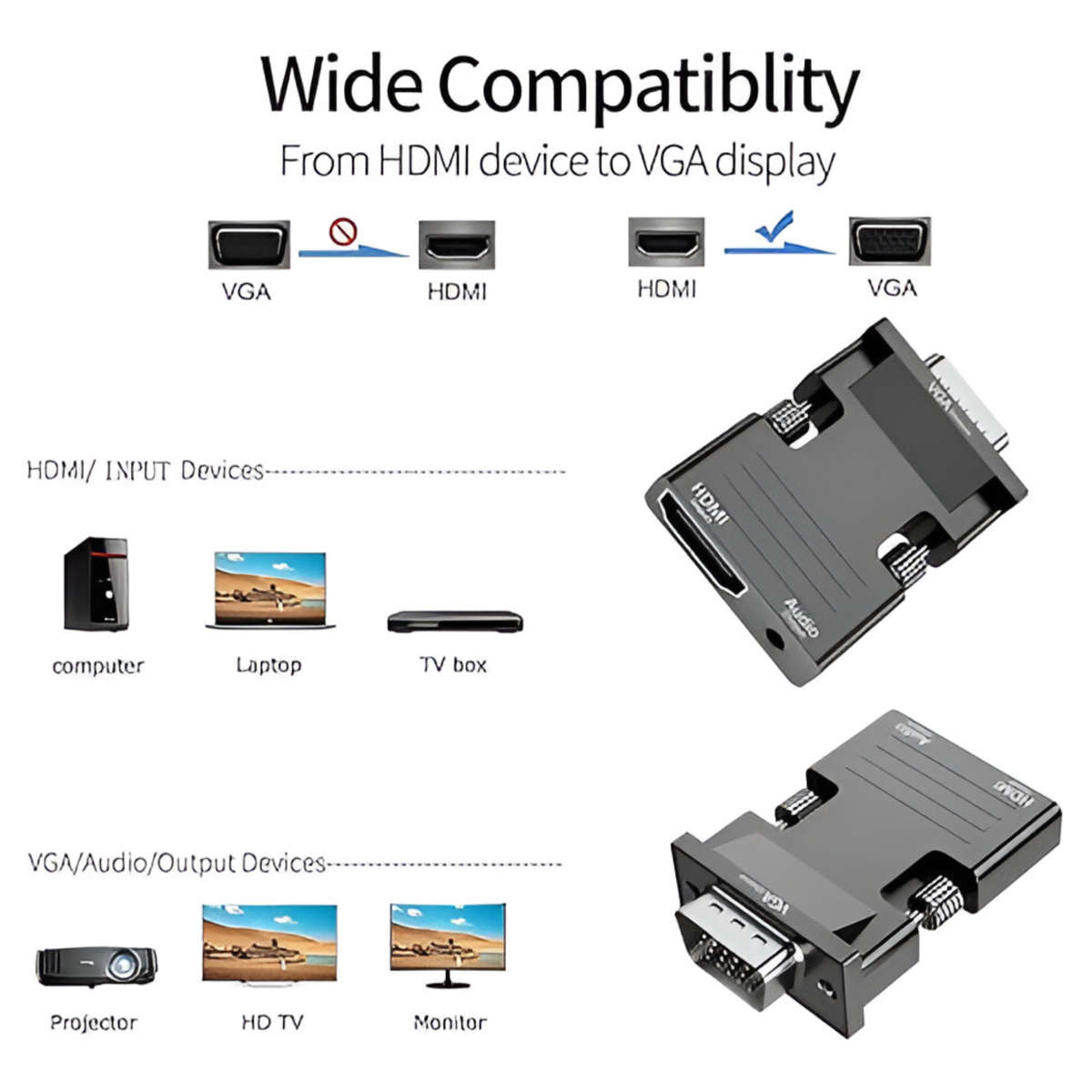 1080P 3.5mm HDMI to VGA, Audio,Dc: 5v Converter