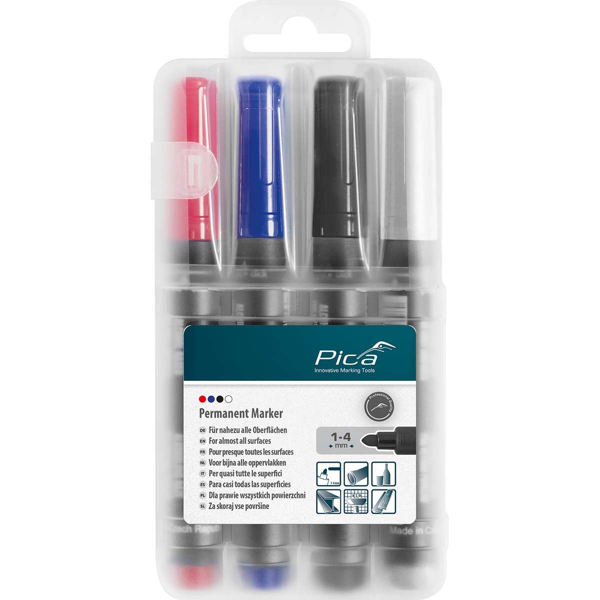 PERMANENT MARKER 4PC SET 1-4MM ASS. COLORS WITH INSTAND-WHITE