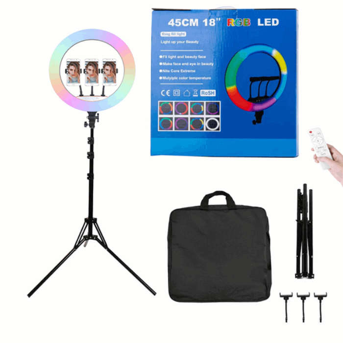 18 (45CM) Inches RGB Ring Light With Bag, Tripod Stand + Bag