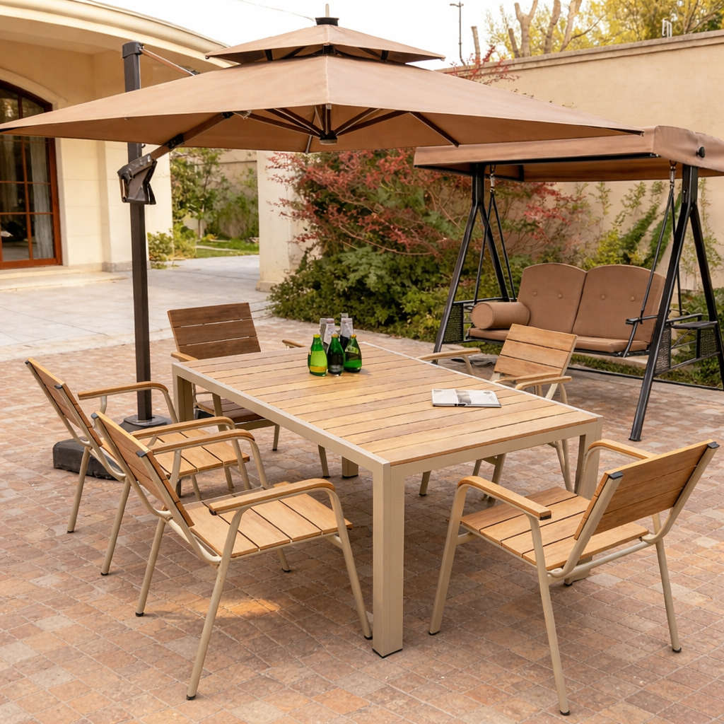 DecorMama Outdoor Patio Set  6 Seater with Umbrella & Swing