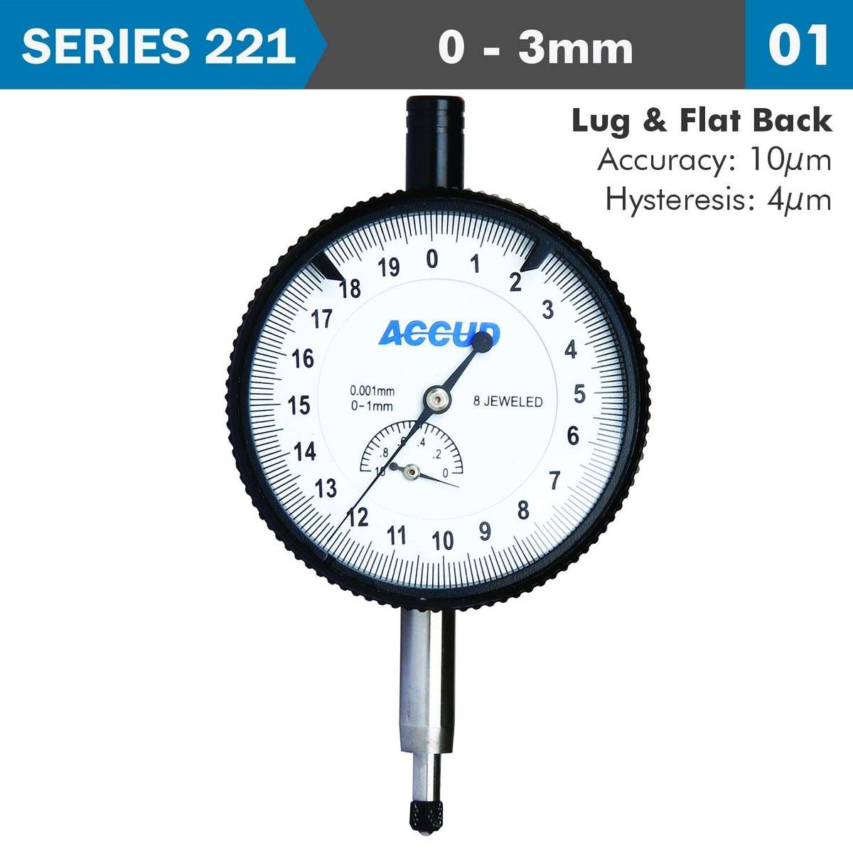 Accud Dial Indicator 3 Mm 0.001 Mm Grad. Lug&Flat Back