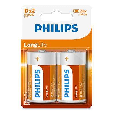 Philips Longlife Zinc D Batteries 1.5 V 2 Pack