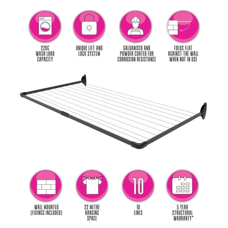 10 Line Single Fold Down Wall Mounted Clothesline 22 M
