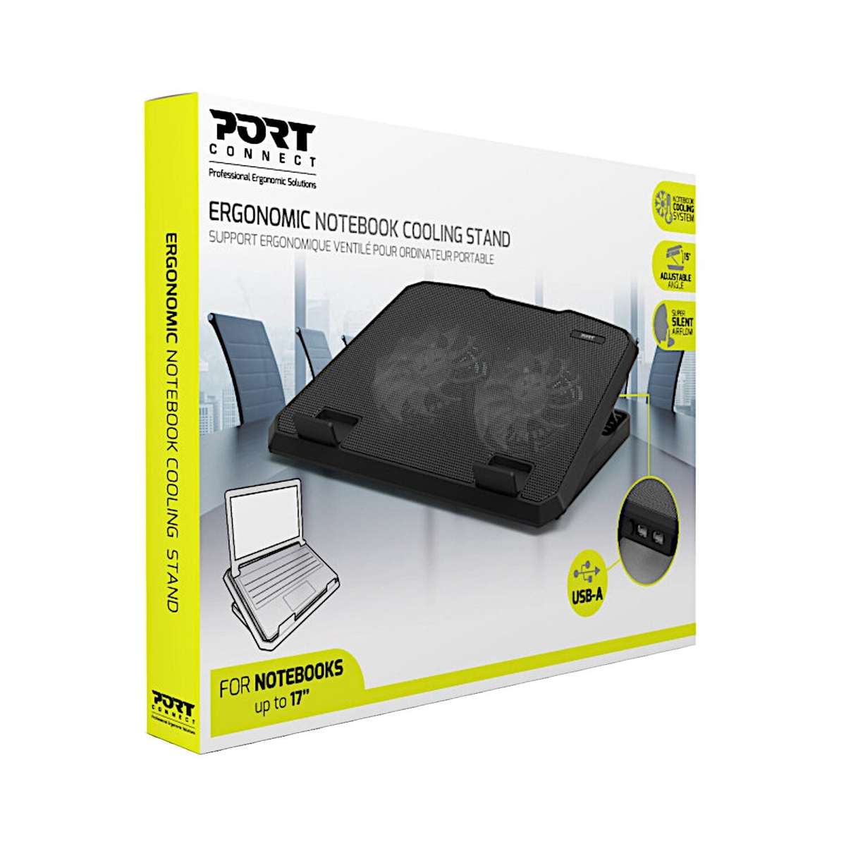 Port Ergonomic Notebook Cooler Pro, With Dual Fans And USB Ports