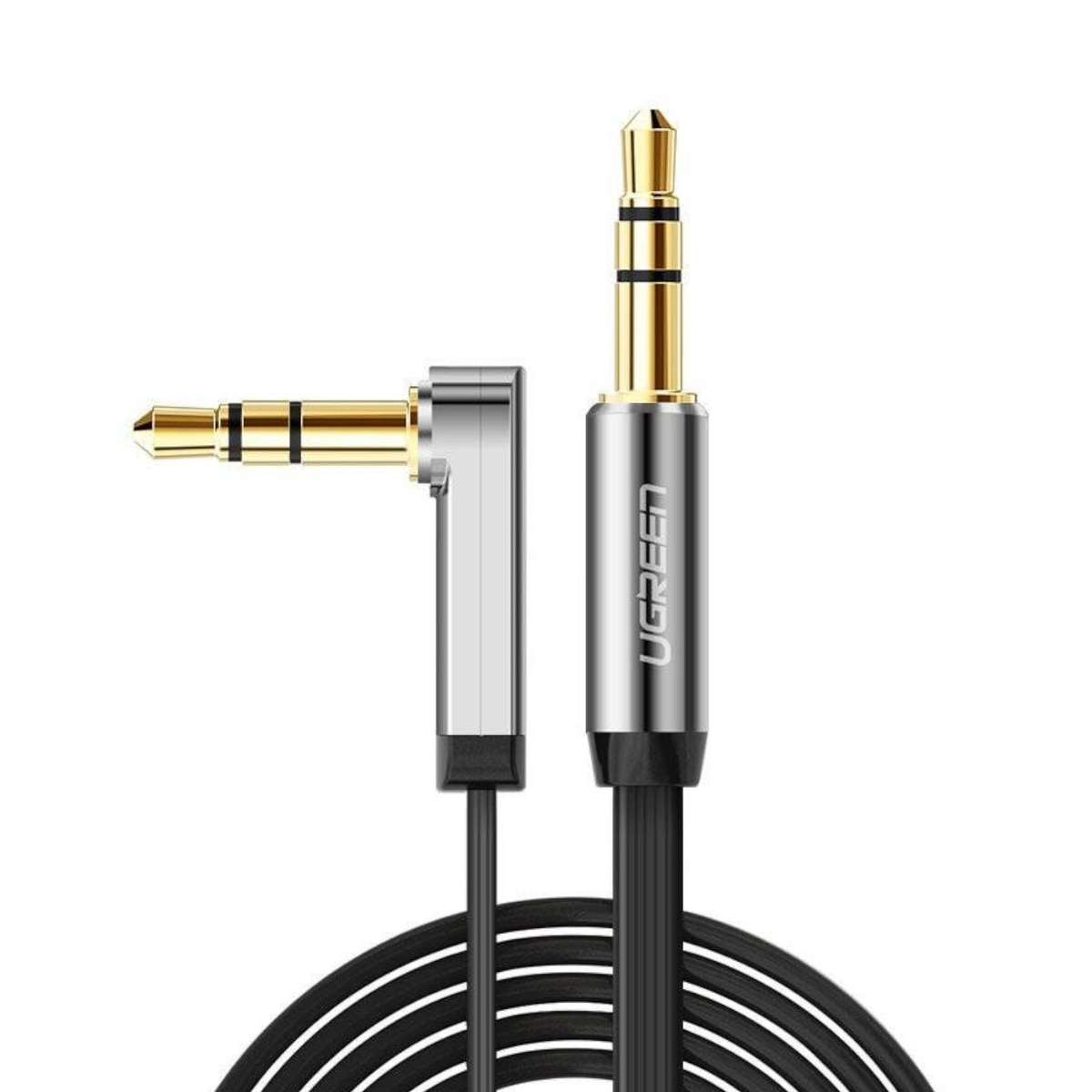 Ugreen AV119 Right-Angled 3.5MM Flat Aux Cable 2M Black/Silver