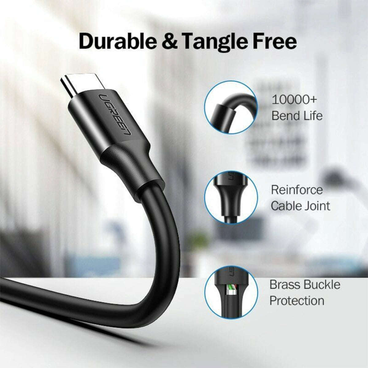 Ugreen Type-C To USB 3.0 Cable 2M  Fast Charging 3A, 5GBPS Sync  Black