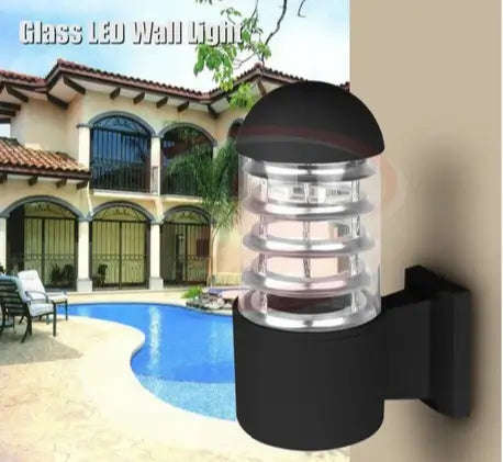 Layered Glass Black Dome Shield Top LED Gate & Garden Outdoor Wall Lamp