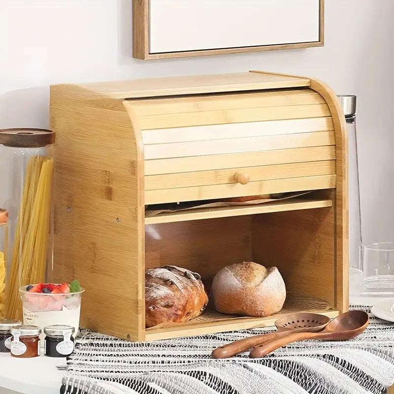 MHome Two-Layer Bamboo Bread Box  Adjustable Roll-Top Bread Storage Organizer