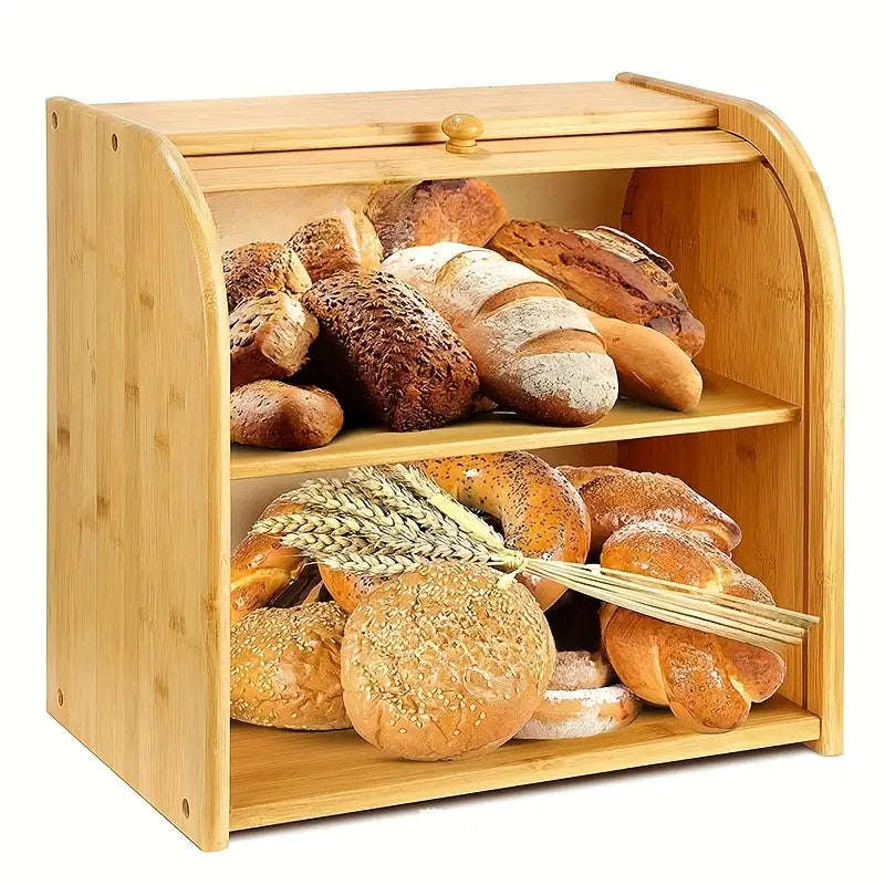 MHome Two-Layer Bamboo Bread Box  Adjustable Roll-Top Bread Storage Organizer