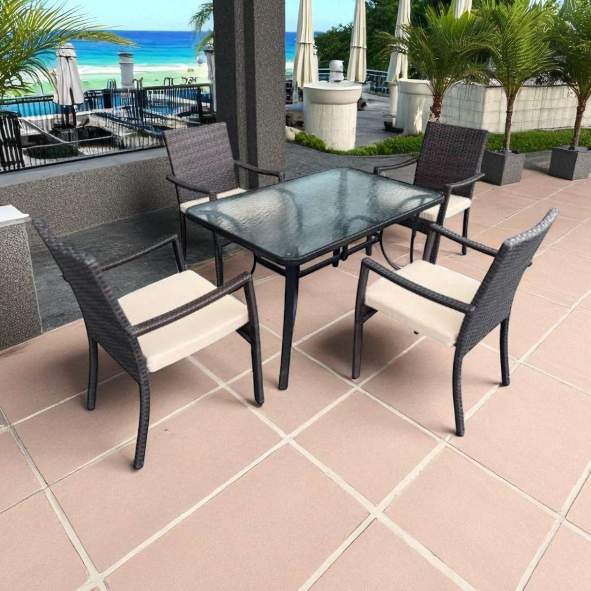 MFurn Studio 5-Piece Outdoor Patio Dining Set with Tempered Glass Table and Cushioned Chairs