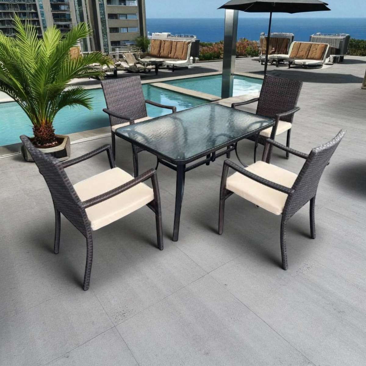 MFurn Studio 5-Piece Outdoor Patio Dining Set with Tempered Glass Table and Cushioned Chairs