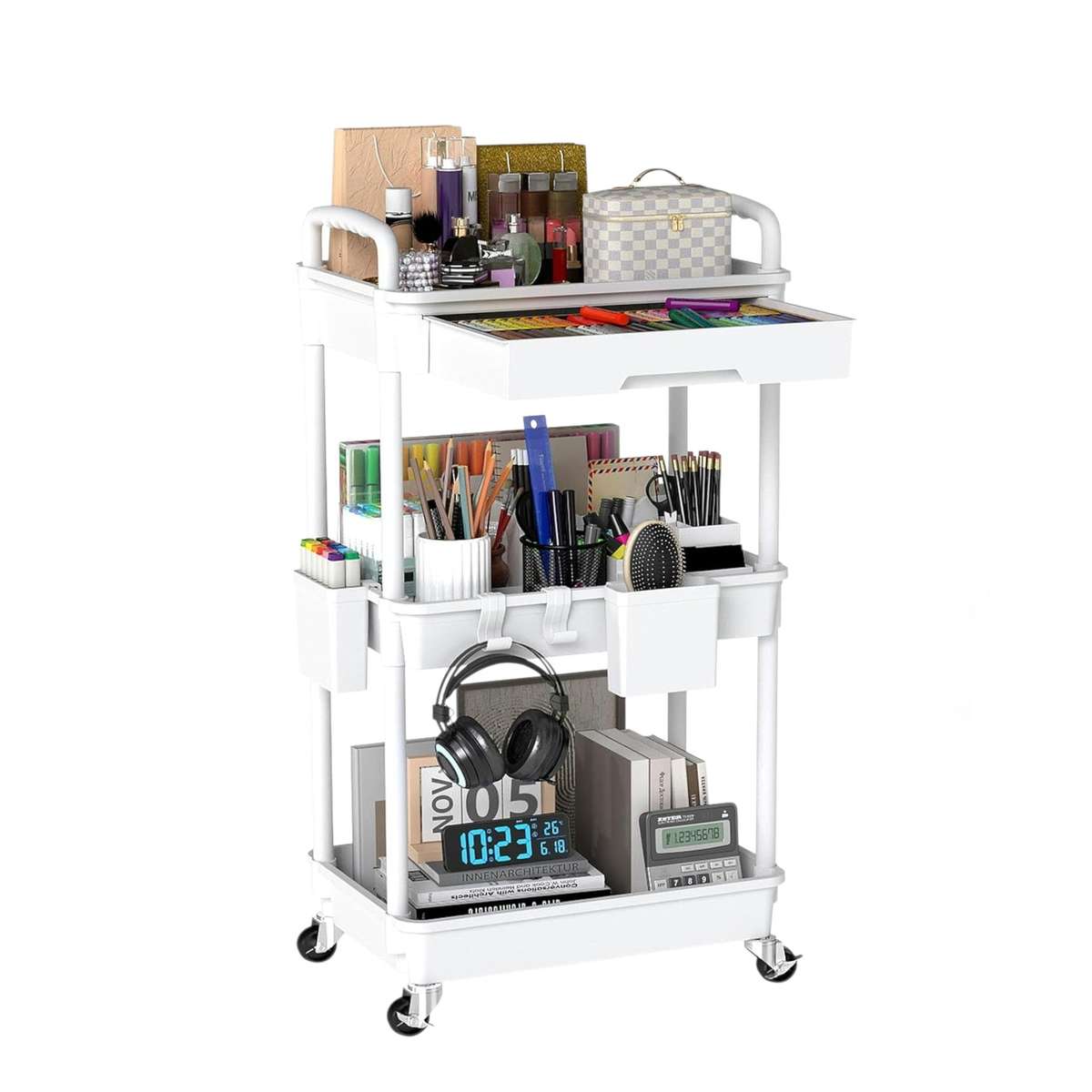 MHome Majestic 3 Or 4-Tier Utility Cart With Drawer  Black Or White