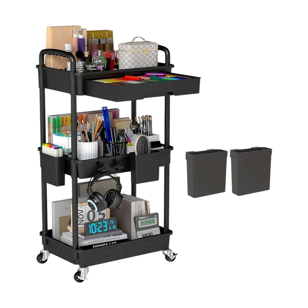 MHome Majestic 3 Or 4-Tier Utility Cart With Drawer  Black Or White