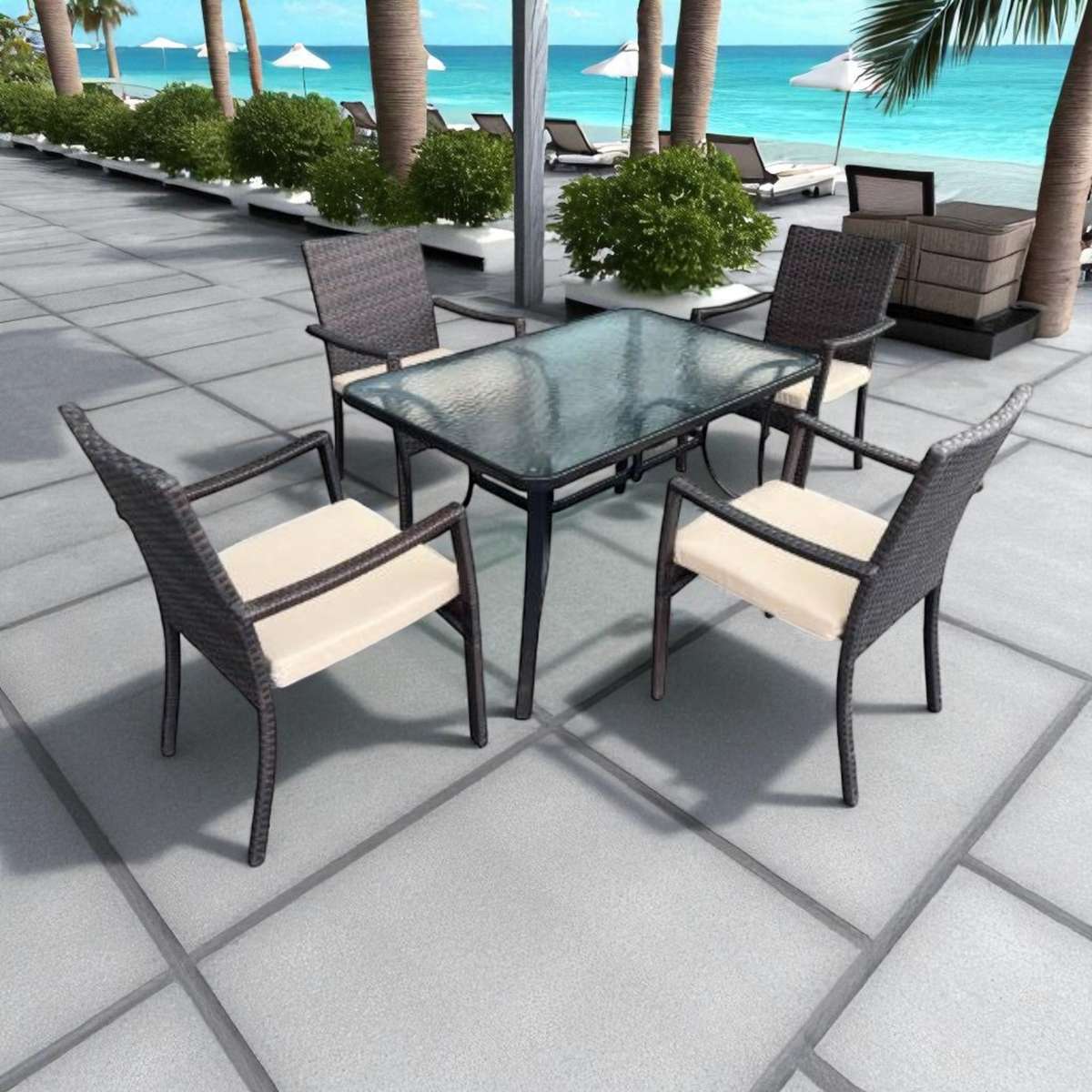 MFurn Studio 5-Piece Outdoor Patio Dining Set with Tempered Glass Table and Cushioned Chairs