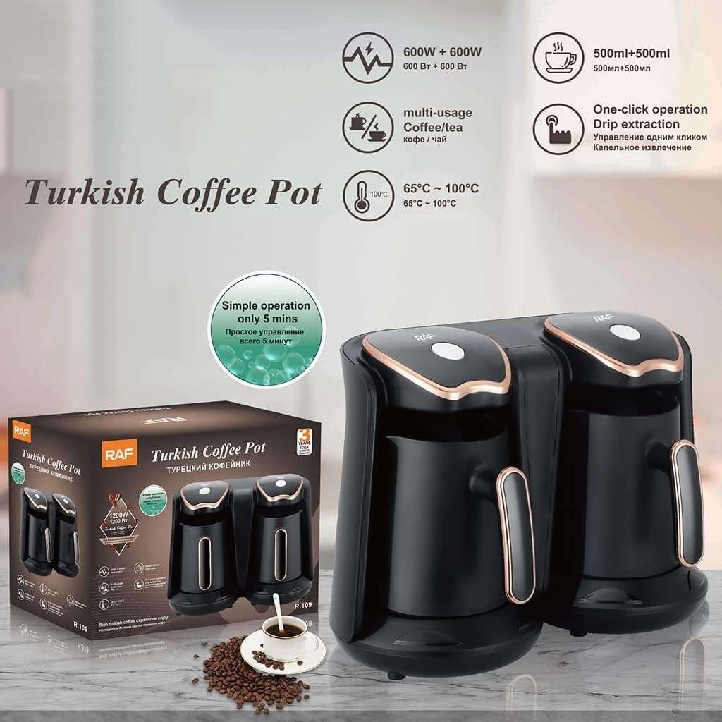 RAF R.109 Dual Turkish Coffee Maker  2-Cup Electric Coffee & Tea Machine with Smart Anti-Overf...