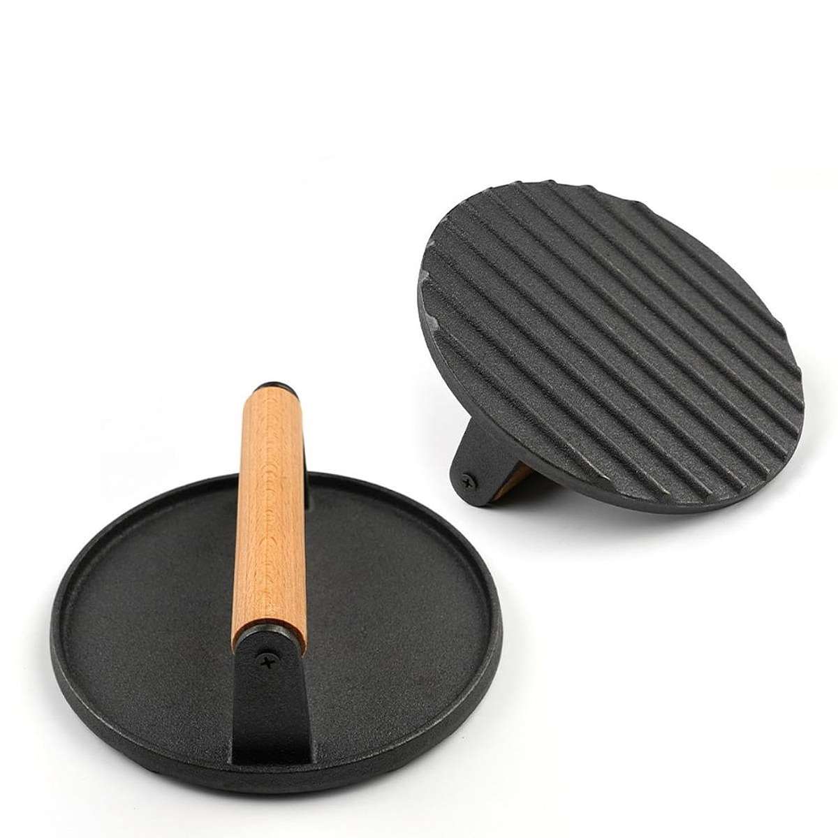 MHome Cast Iron Burger Press  Round Hamburger Patty Maker with Wooden Handle