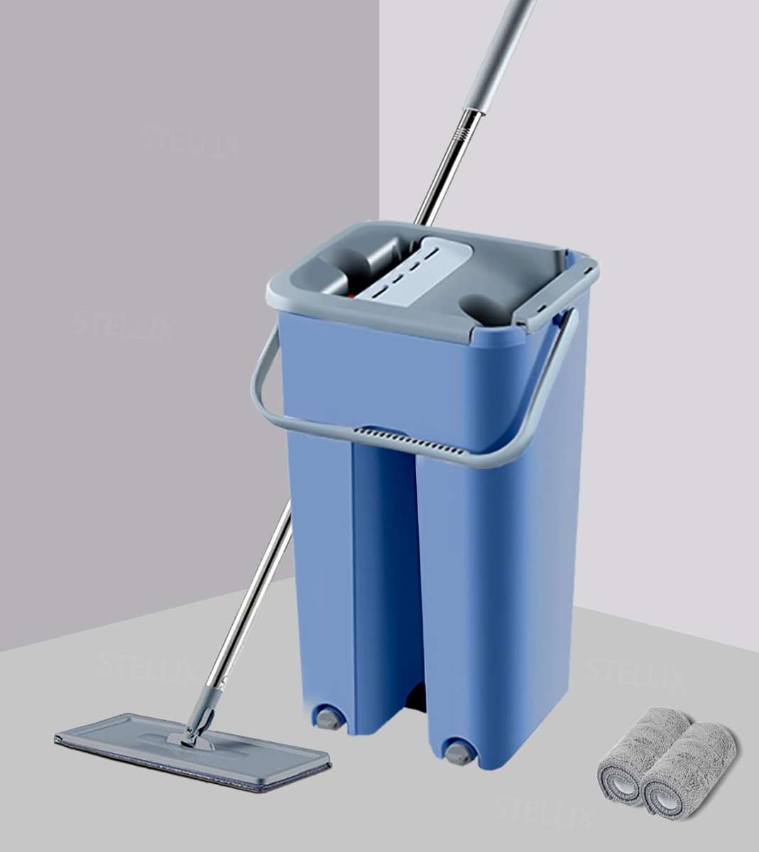 MHome Mop with Bucket  Flat Microfiber Mop with Self-Clean System (Blue)