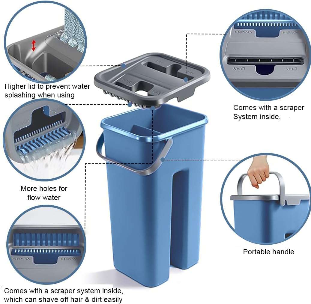 MHome Mop with Bucket  Flat Microfiber Mop with Self-Clean System (Blue)