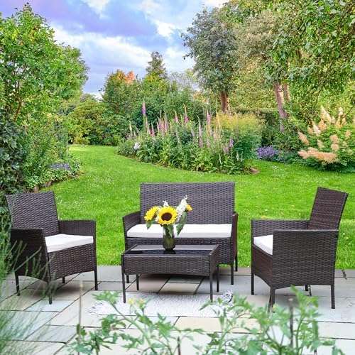 MFurn Tiny Inspired 4 Piece Rattan Garden Furniture Set With Cushions And Glass Table