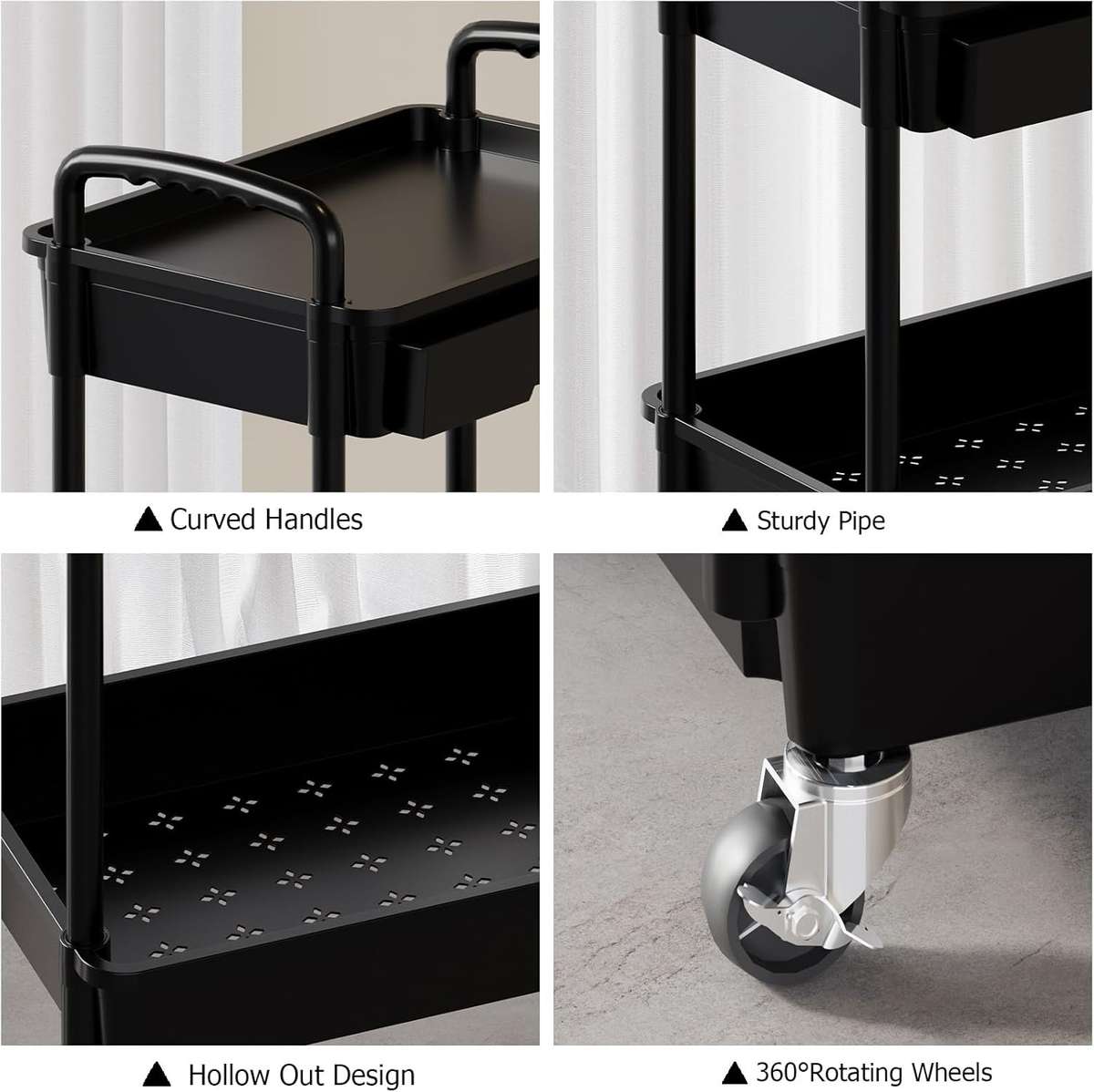 MHome Majestic 3 Or 4-Tier Utility Cart With Drawer  Black Or White