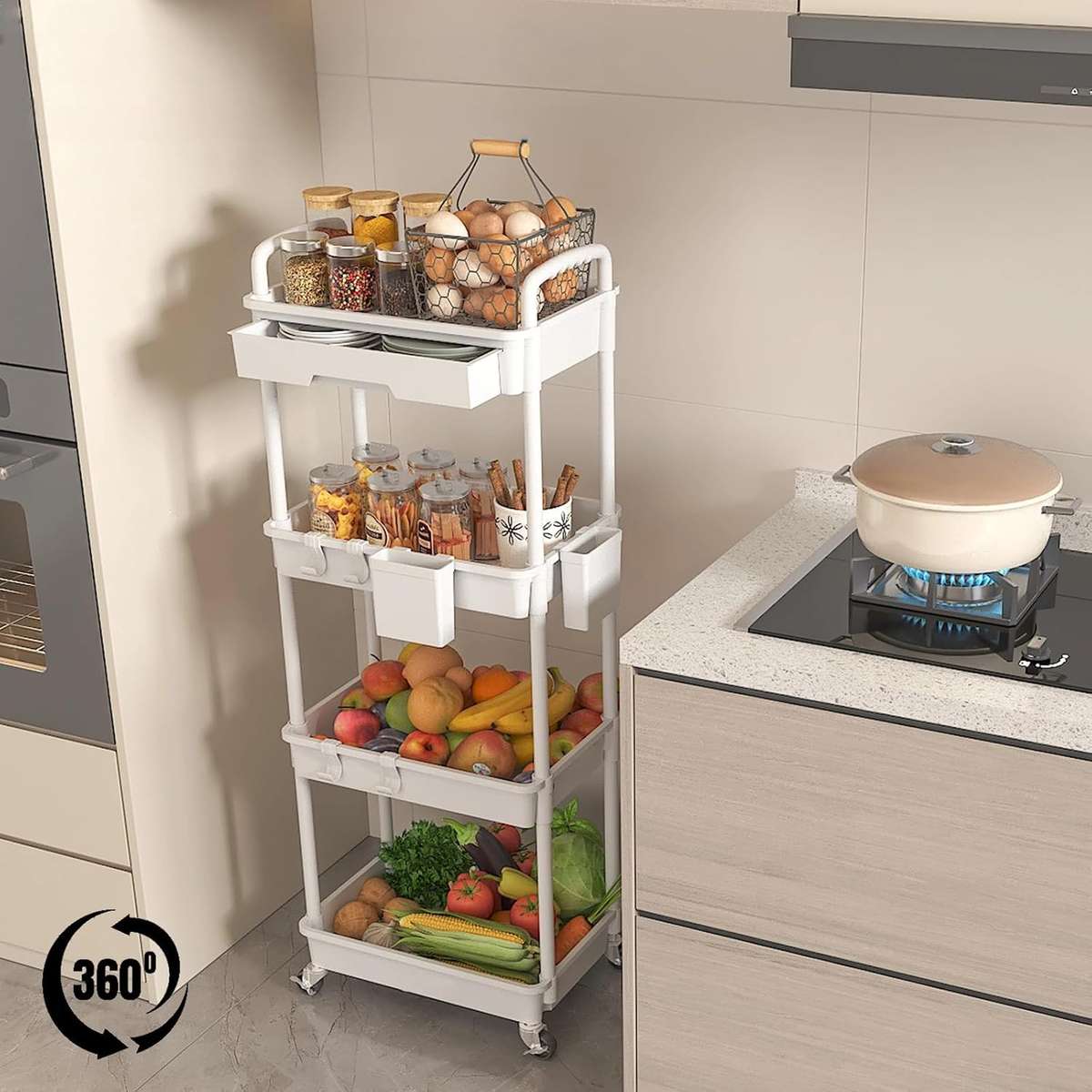 MHome Majestic 3 Or 4-Tier Utility Cart With Drawer  Black Or White