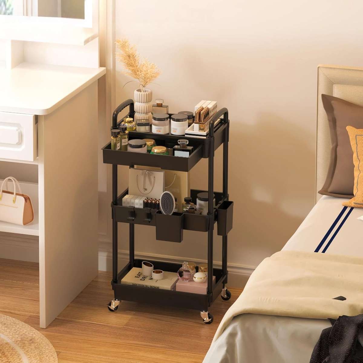 MHome Majestic 3 Or 4-Tier Utility Cart With Drawer  Black Or White