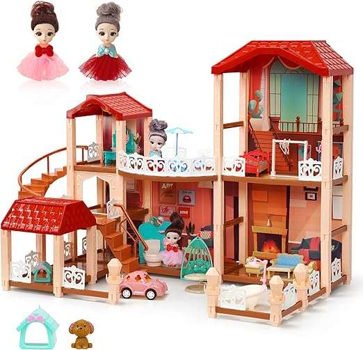 Dollhouse Girl Toys Houses with 2 Dolls Toy Figures,