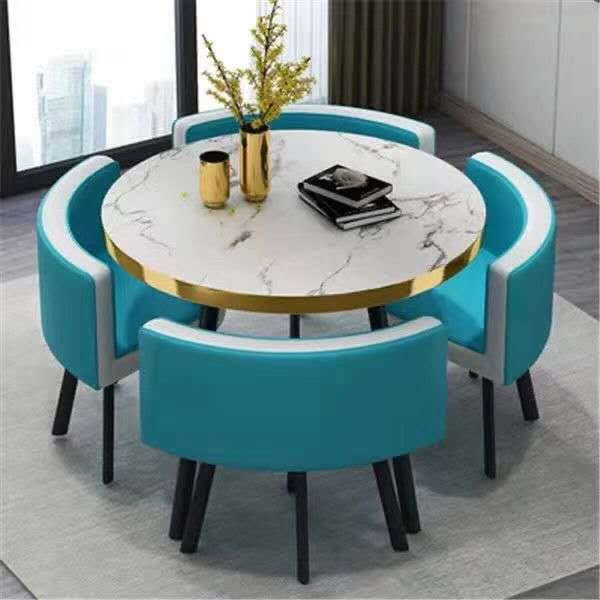 Modern Nordic Round Dining Table Set  5pc Marble Look MDF Table with 4 PU Leather Chairs