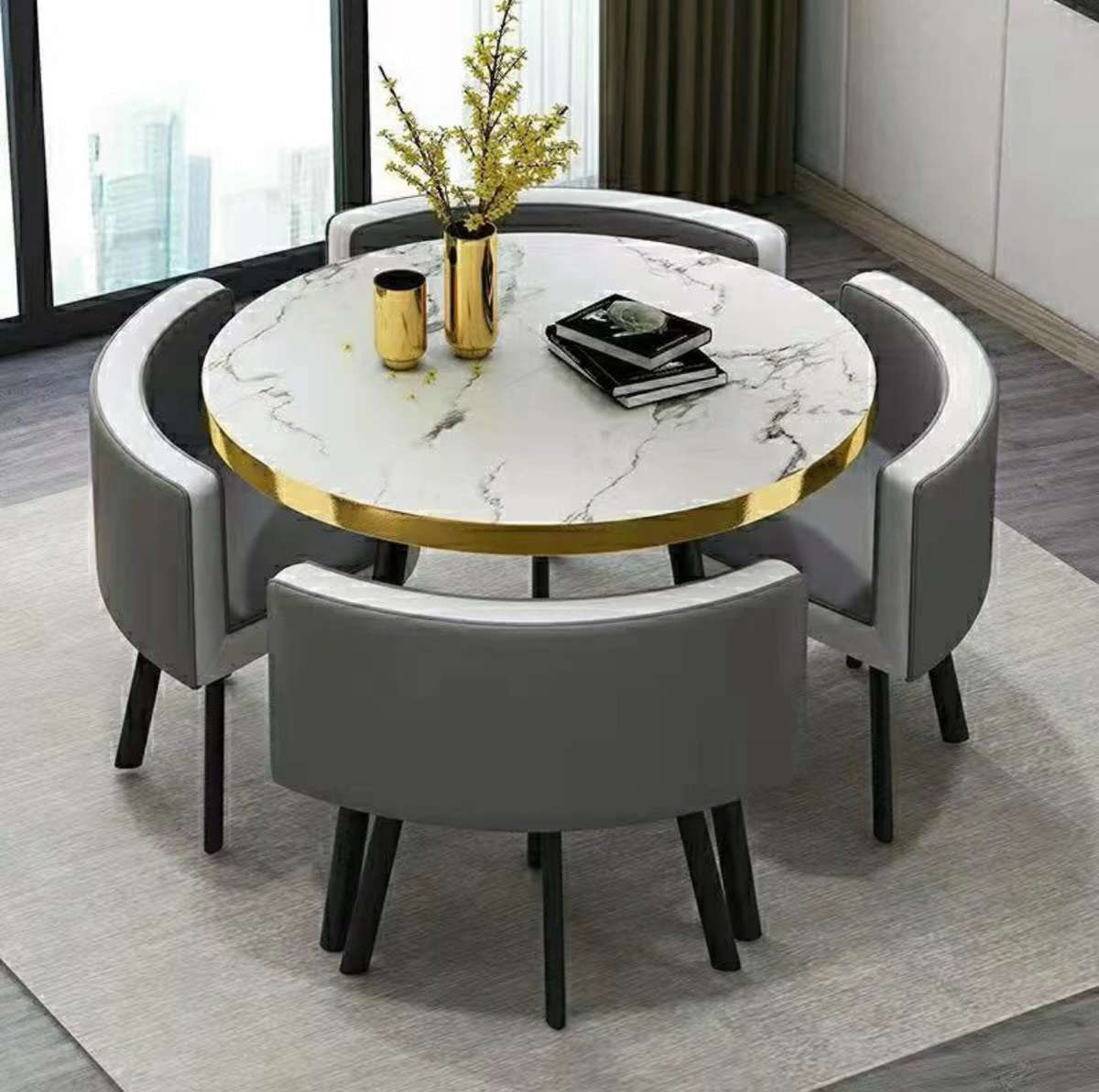 Modern Nordic Round Dining Table Set  5pc Marble Look MDF Table with 4 PU Leather Chairs
