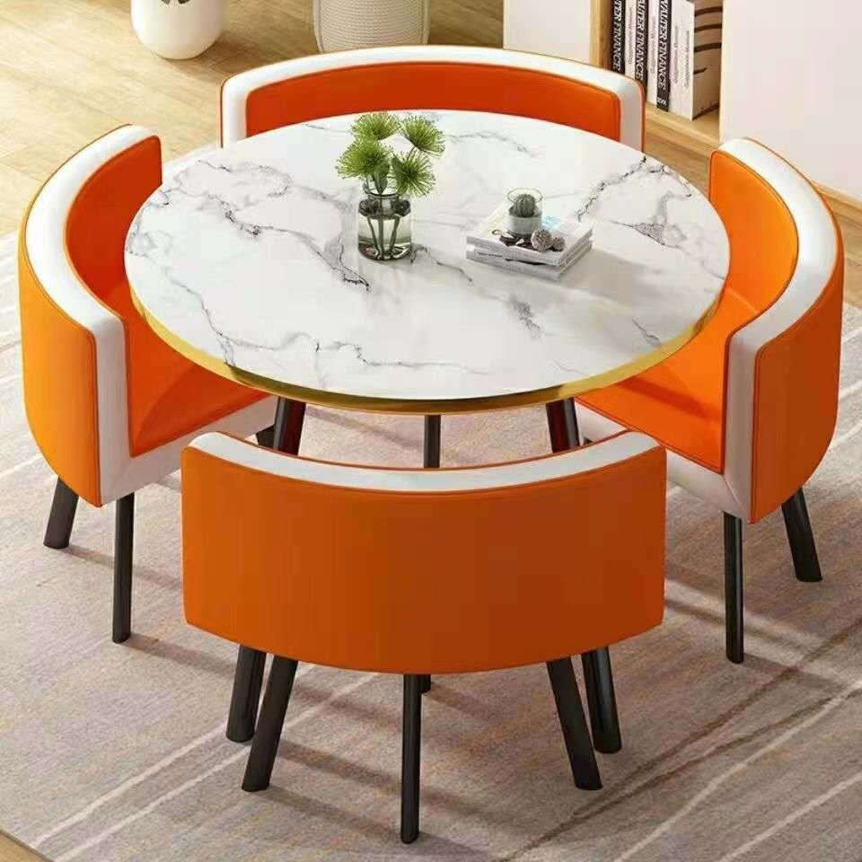 Modern Nordic Round Dining Table Set  5pc Marble Look MDF Table with 4 PU Leather Chairs
