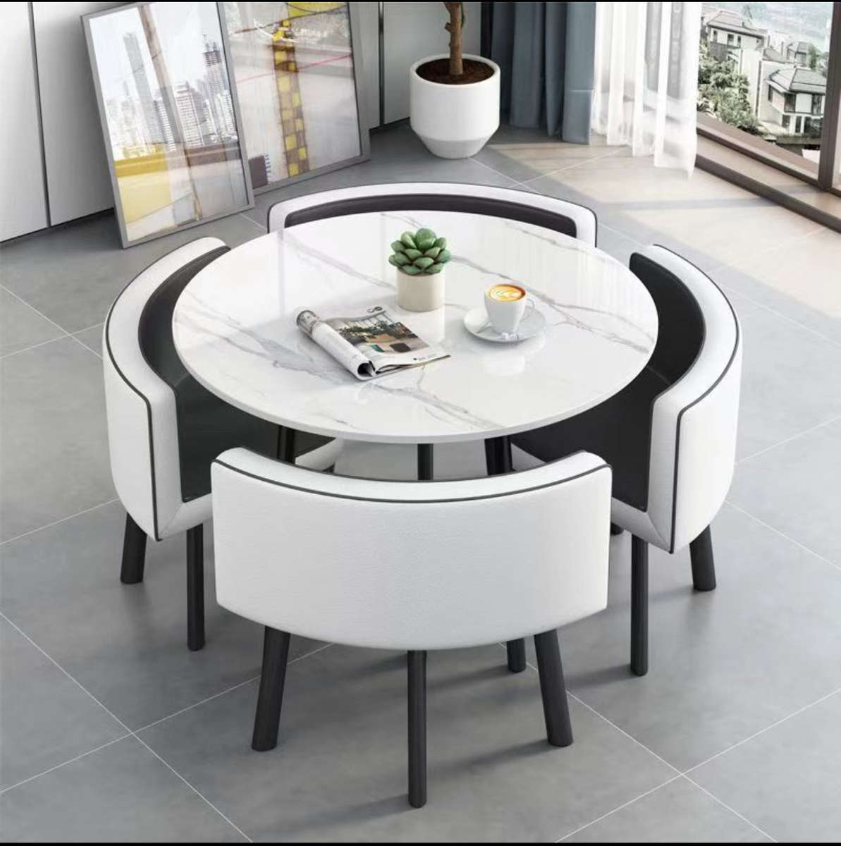 Modern Nordic Round Dining Table Set  5pc Marble Look MDF Table with 4 PU Leather Chairs