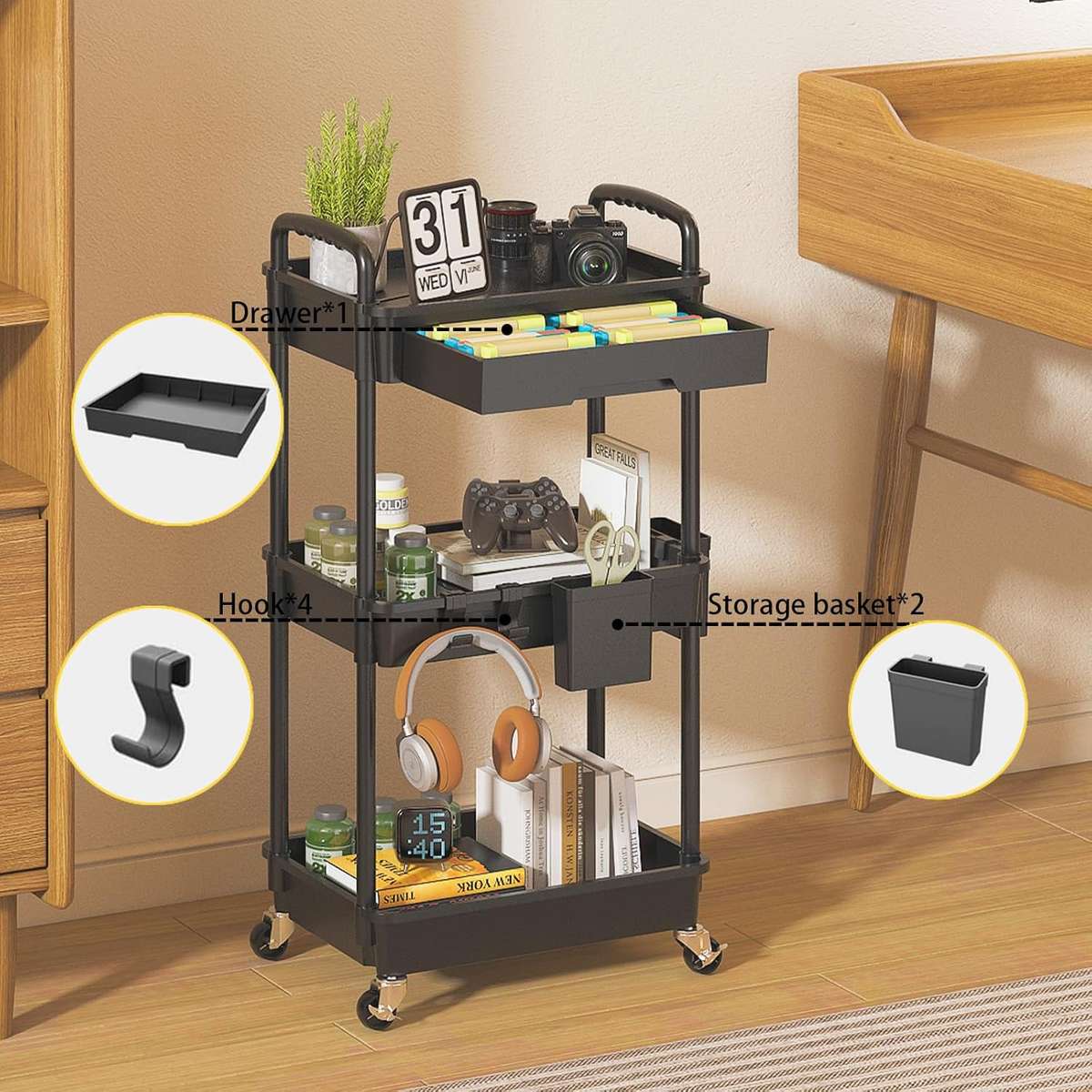 MHome Majestic 3 Or 4-Tier Utility Cart With Drawer  Black Or White