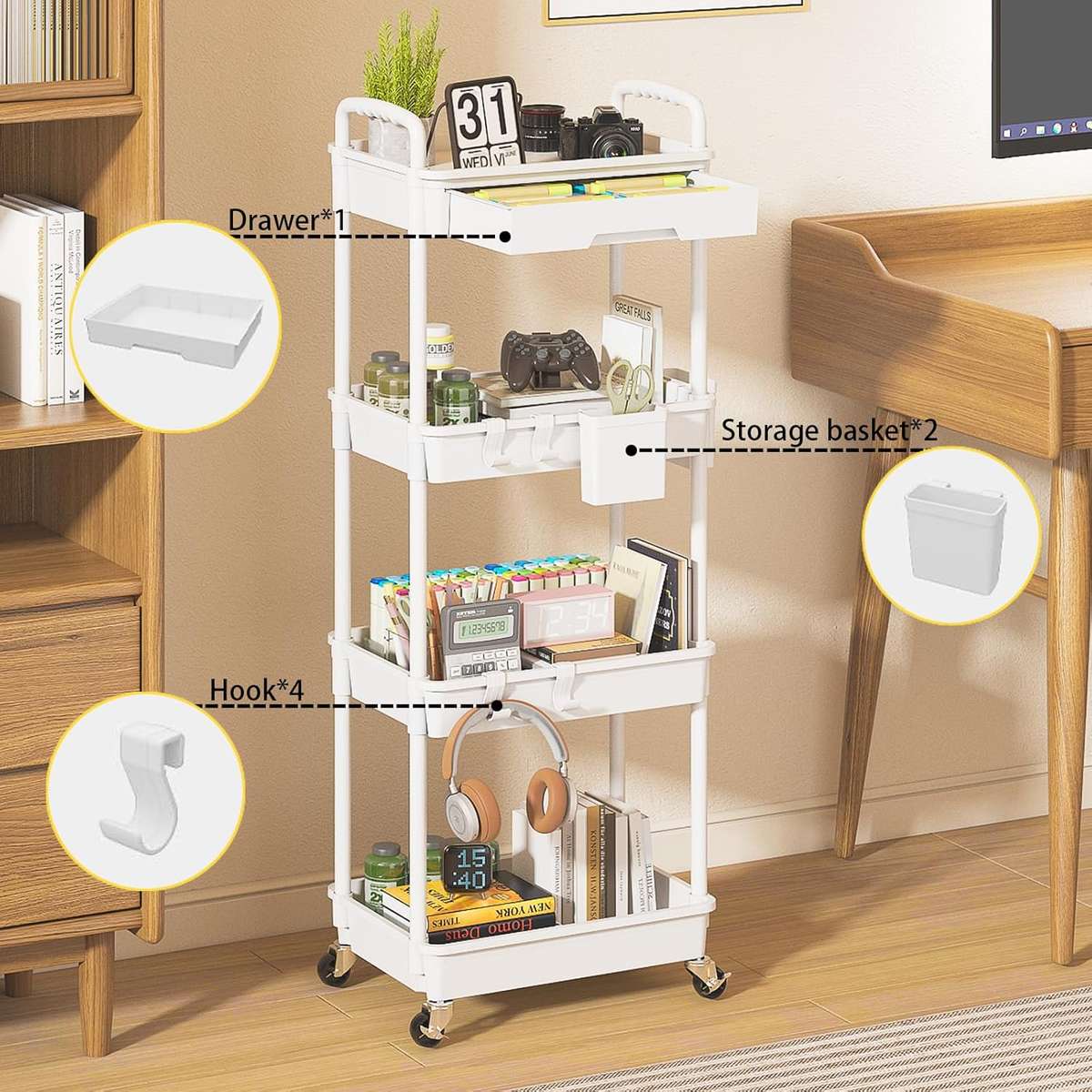 MHome Majestic 3 Or 4-Tier Utility Cart With Drawer  Black Or White