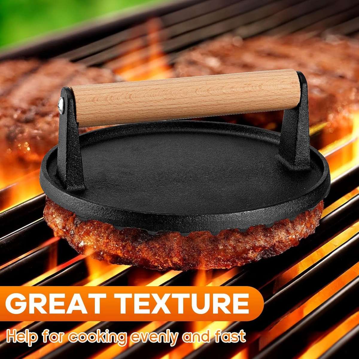 MHome Cast Iron Burger Press  Round Hamburger Patty Maker with Wooden Handle