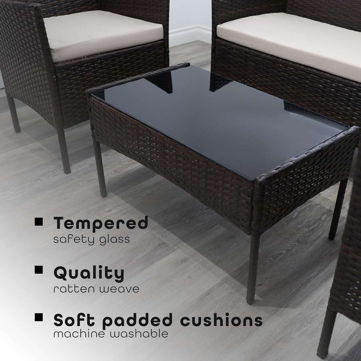 MFurn Tiny Inspired 4 Piece Rattan Garden Furniture Set With Cushions And Glass Table