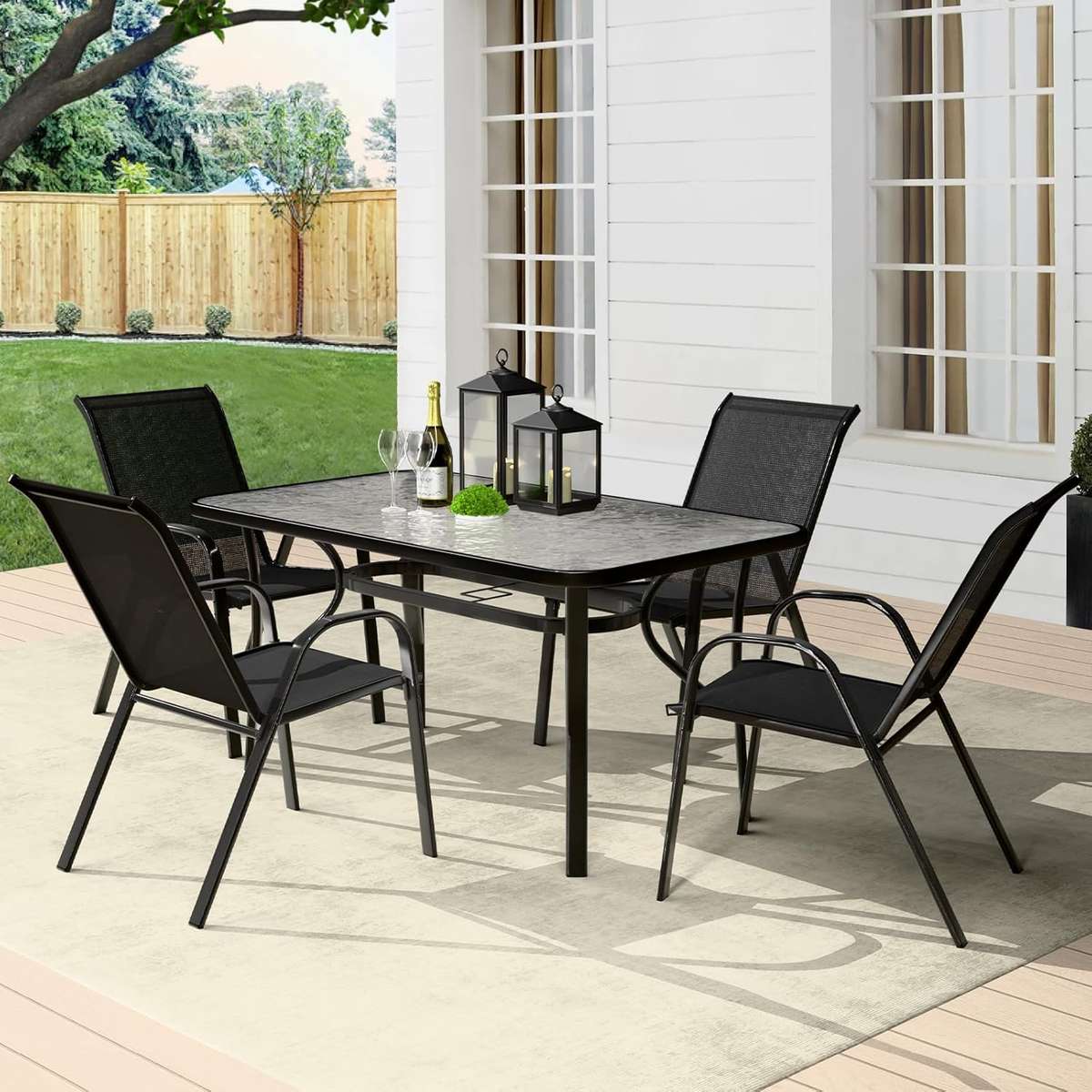 MFurn Leah Inspired 6pc Outdoor Dining Set  Patio Table, Chairs & Umbrella All-Weather Textile...