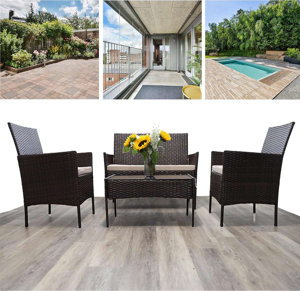 MFurn Tiny Inspired 4 Piece Rattan Garden Furniture Set With Cushions And Glass Table