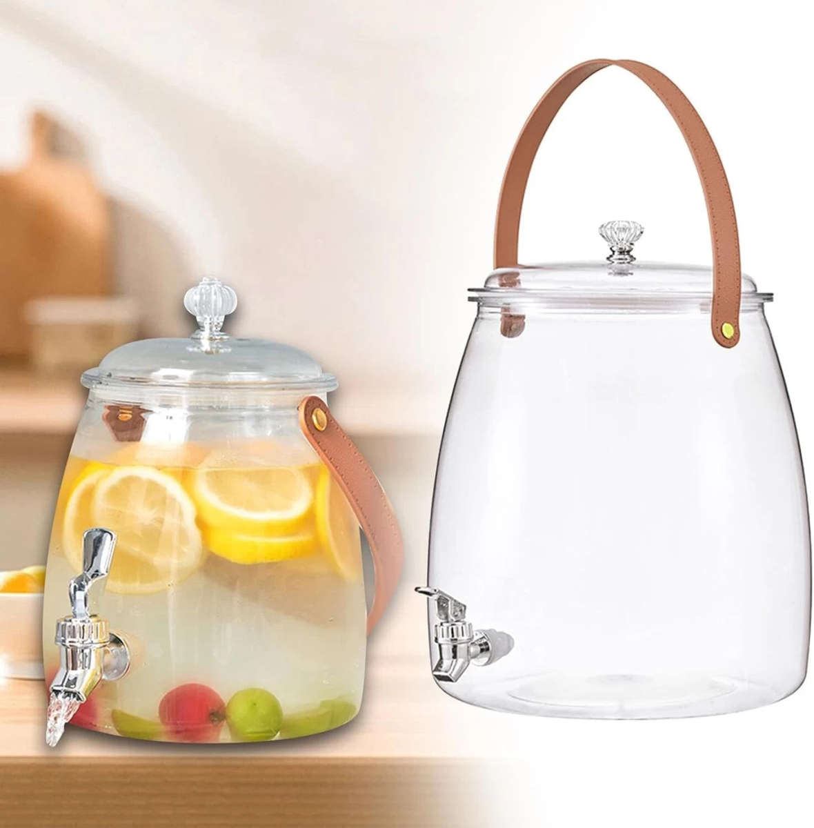 MHome Beverage Dispenser with Tap, Lid & Leather Handle  Clear plastic Dispenser Jar 5.5L