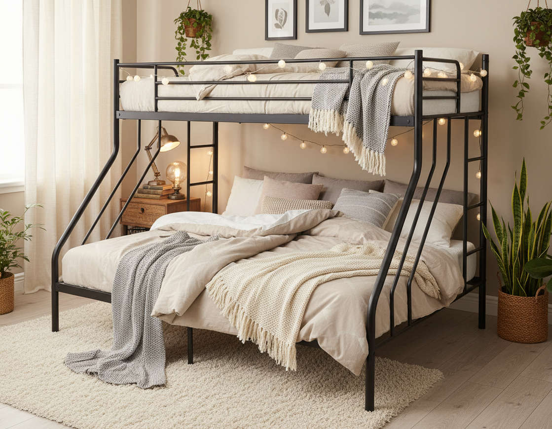 MHome Steel Double Bunk Bed  Single Top & Double Bottom | Space-Saving Modern Design