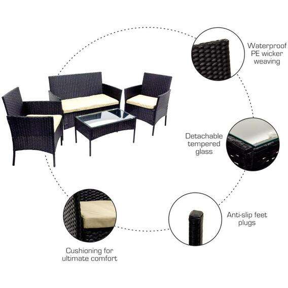 MFurn Tiny Inspired 4 Piece Rattan Garden Furniture Set With Cushions And Glass Table