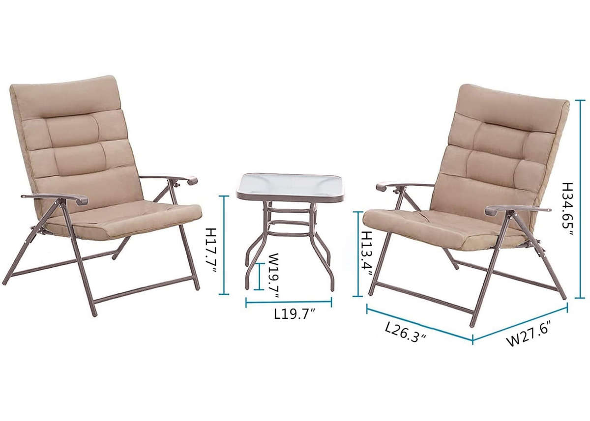 MFurn Ventura 3 Piece Folding Patio Set With Padded Chairs And Table