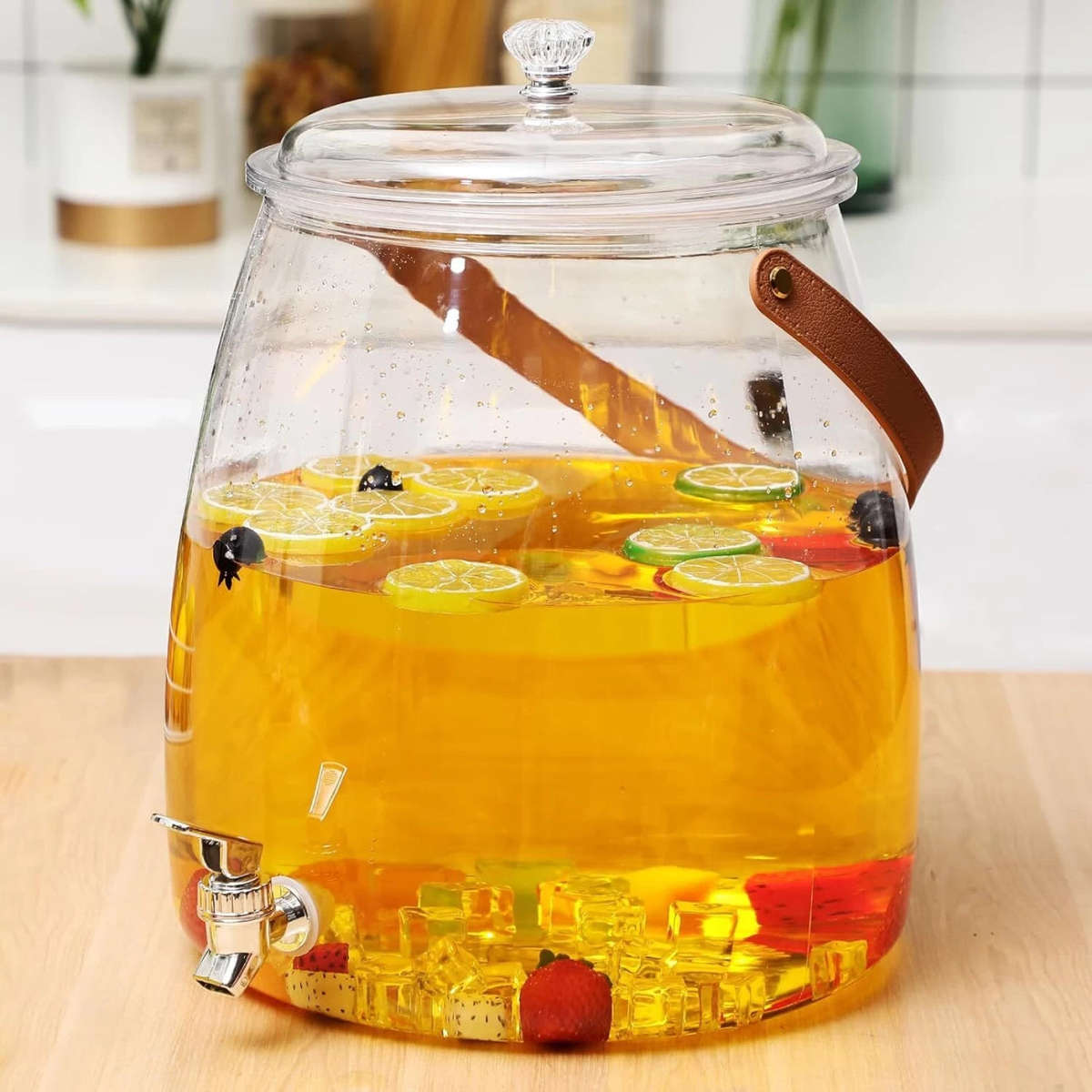 MHome Beverage Dispenser with Tap, Lid & Leather Handle  Clear plastic Dispenser Jar 5.5L
