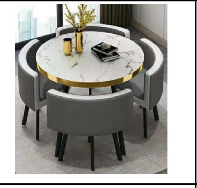 Modern Nordic Round Dining Table Set  5pc Marble Look MDF Table with 4 PU Leather Chairs