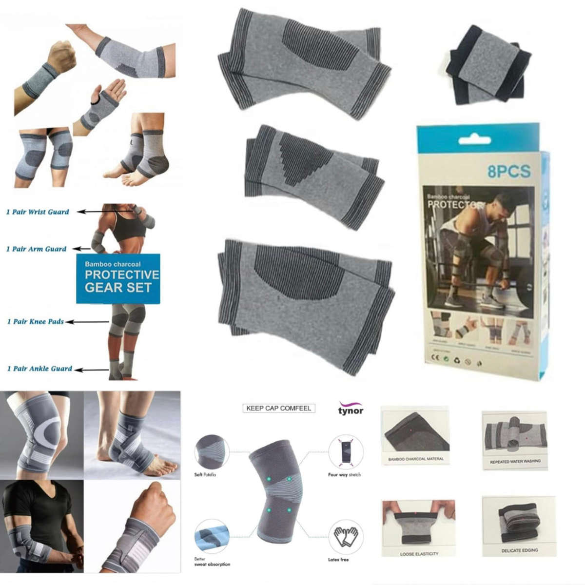 Bamboo Charcoal Protective Gear Set, Arm Guard, Wrist Guard, Knee Pads, Ankle Guard, gear set for...