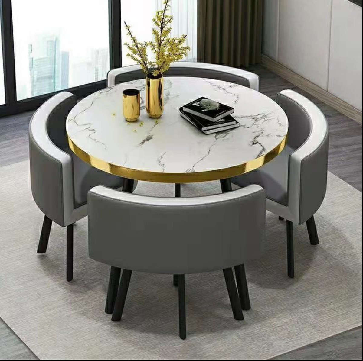 Modern Nordic Round Dining Table Set  5pc Marble Look MDF Table with 4 PU Leather Chairs