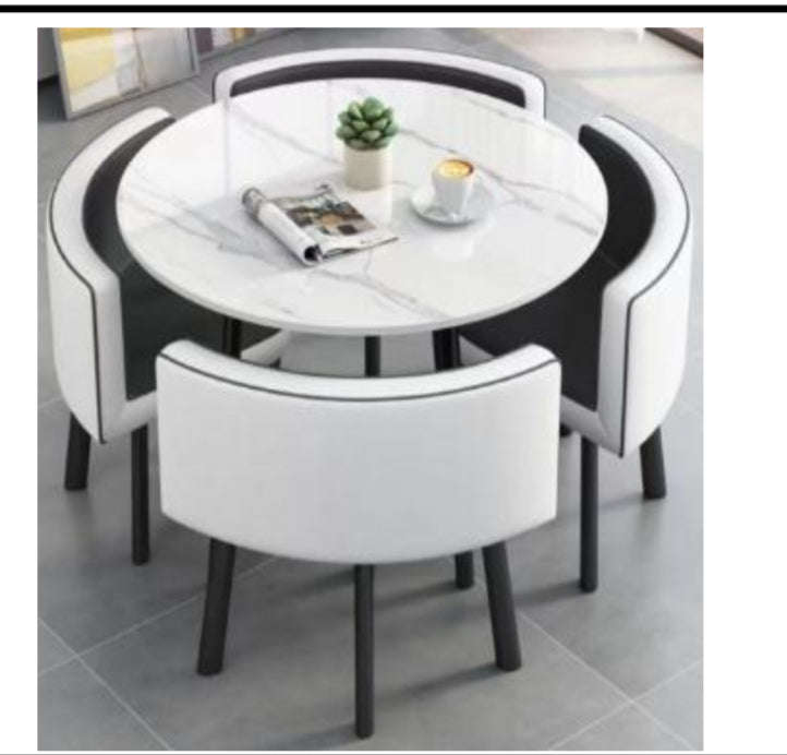 Modern Nordic Round Dining Table Set  5pc Marble Look MDF Table with 4 PU Leather Chairs