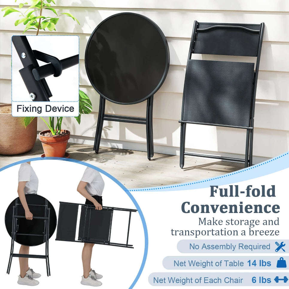 MFurn Alicia 3-Piece Black Folding Patio Bistro Set with Glass Table