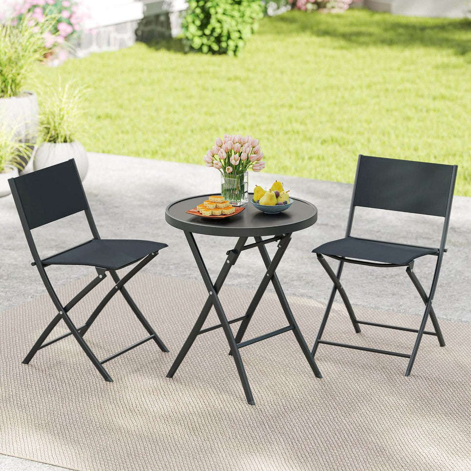 MFurn Alicia 3-Piece Black Folding Patio Bistro Set with Glass Table